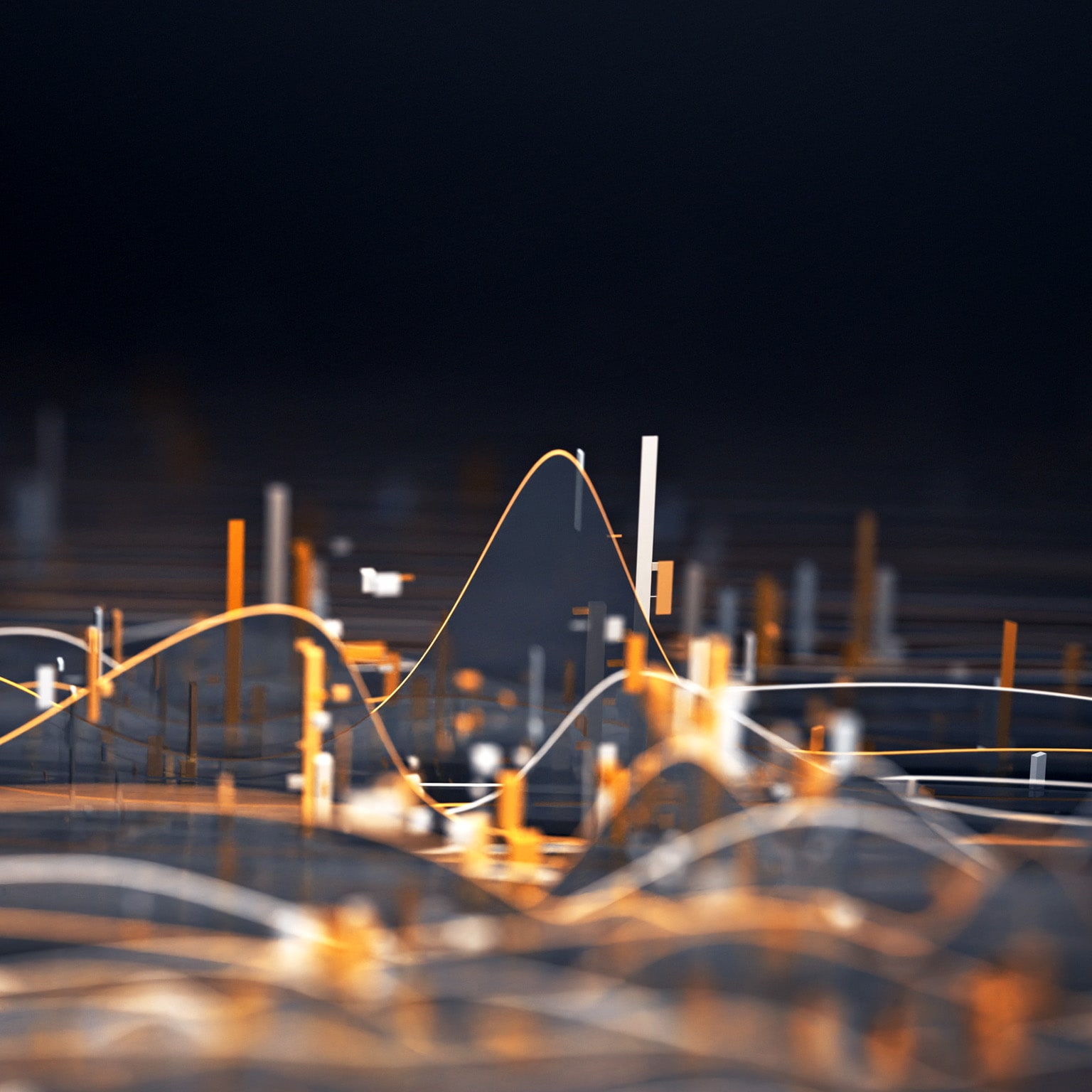 A three-dimensional representation of data, with flowing lines and bars in shades of white, orange, and gray against a dark background. 