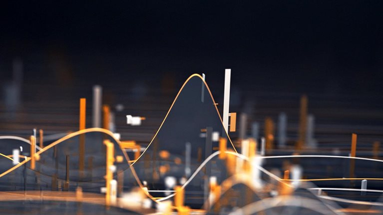 A three-dimensional representation of data, with flowing lines and bars in shades of white, orange, and gray against a dark background.