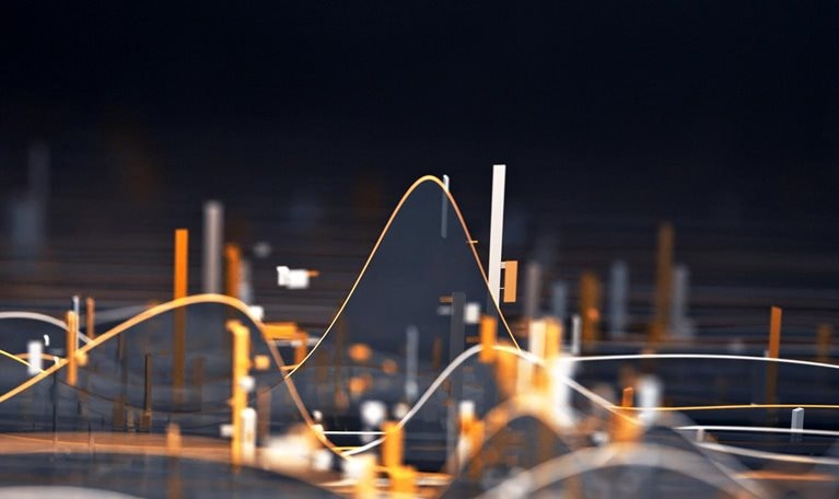 A three-dimensional representation of data, with flowing lines and bars in shades of white, orange, and gray against a dark background.