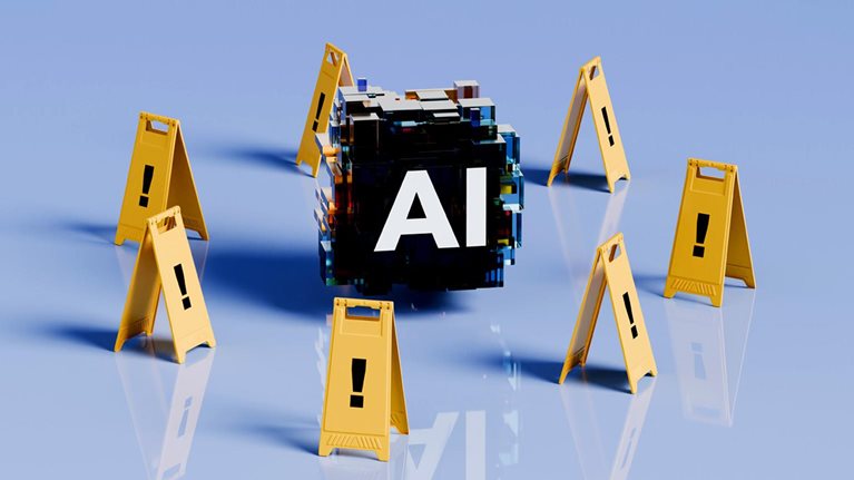 In the center is a block of cubes that says “AI,” surrounded by yellow safety cones, each marked with an exclamation point.