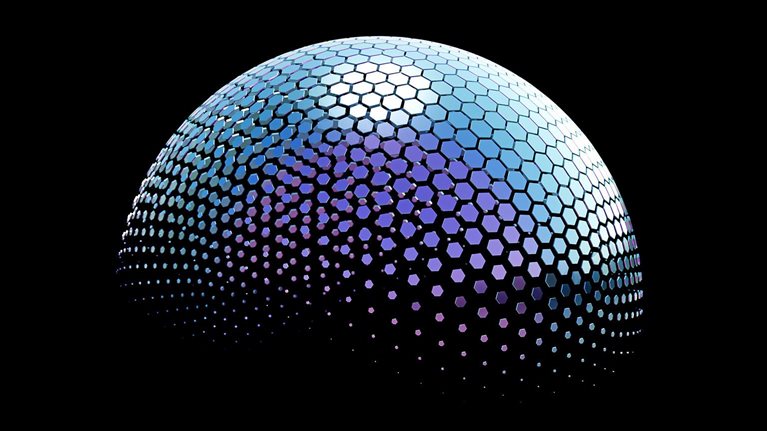 A simple and abstract image of a blue, iridescent sphere made up of hexagonal shapes against a black background.