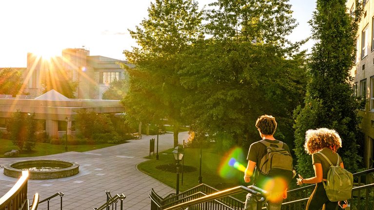 Rear view of two university students walk down campus stairs at sunset