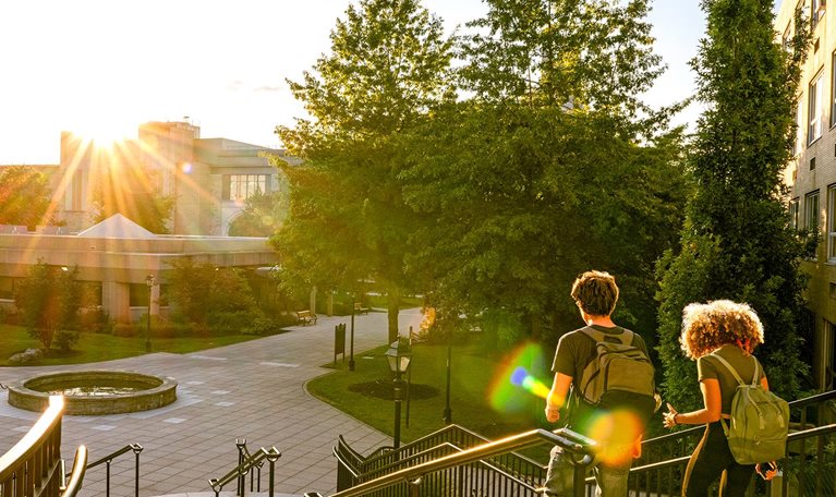 Rear view of two university students walk down campus stairs at sunset