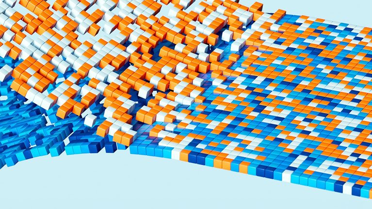 Two 3D dynamic waves of small, colorful cubes coming together to form a pattern