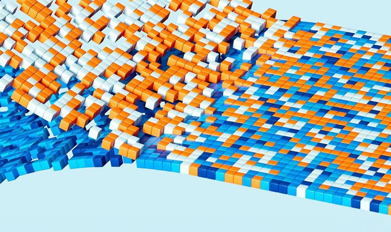 Two 3D dynamic waves of small, colorful cubes coming together to form a pattern