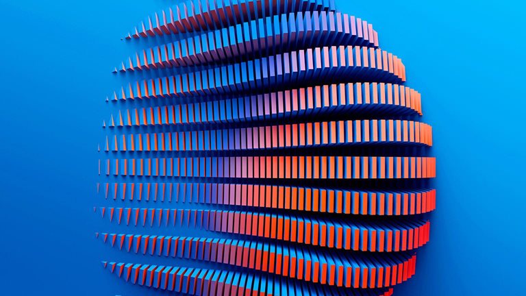 Abstract spherical shape formed by layered red and blue bands against a blue background.