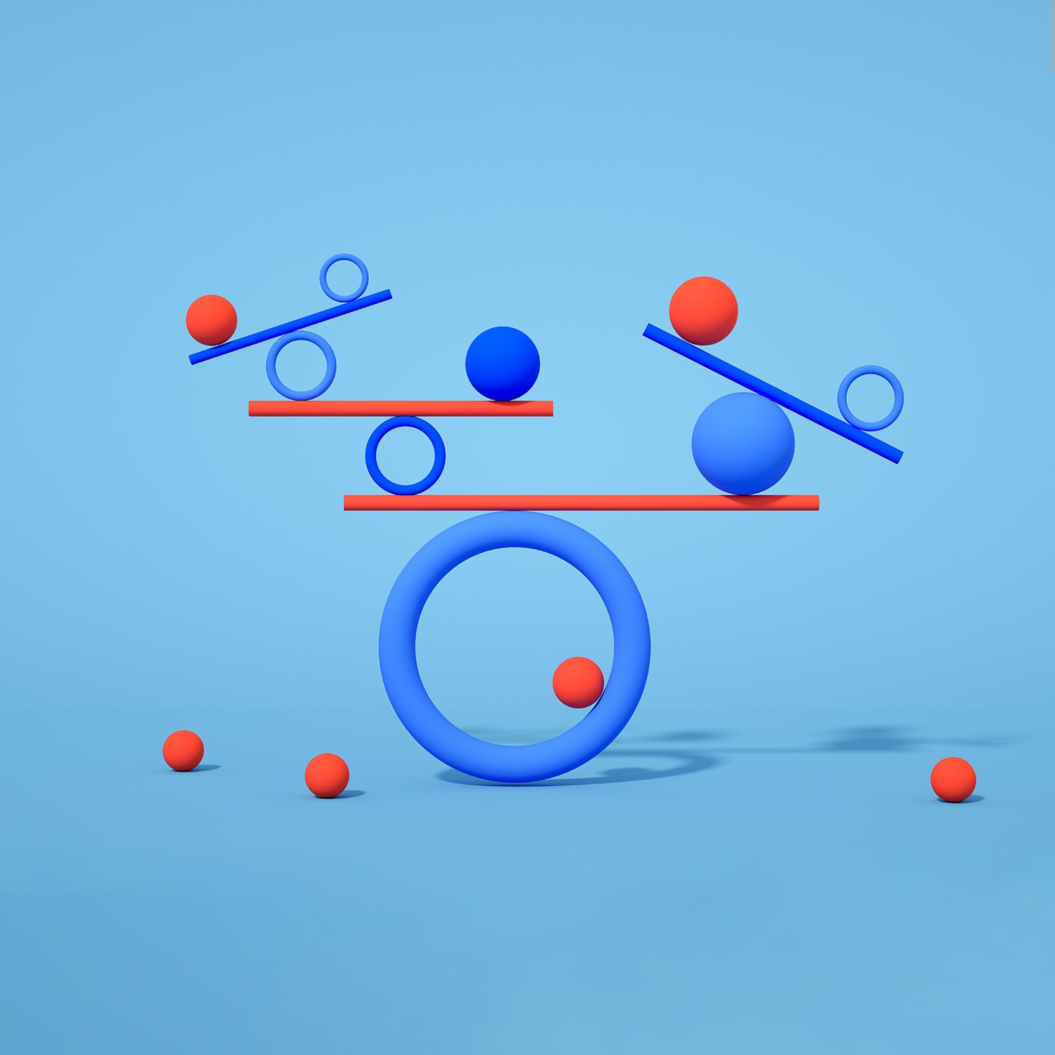 Multiple geometric shapes balancing on a blue background.