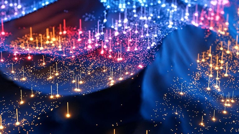 Multicolored glowing data over digital landscape.