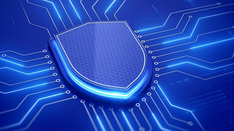 A glowing digital shield at the center of a circuit board, symbolizing cybersecurity and data protection.