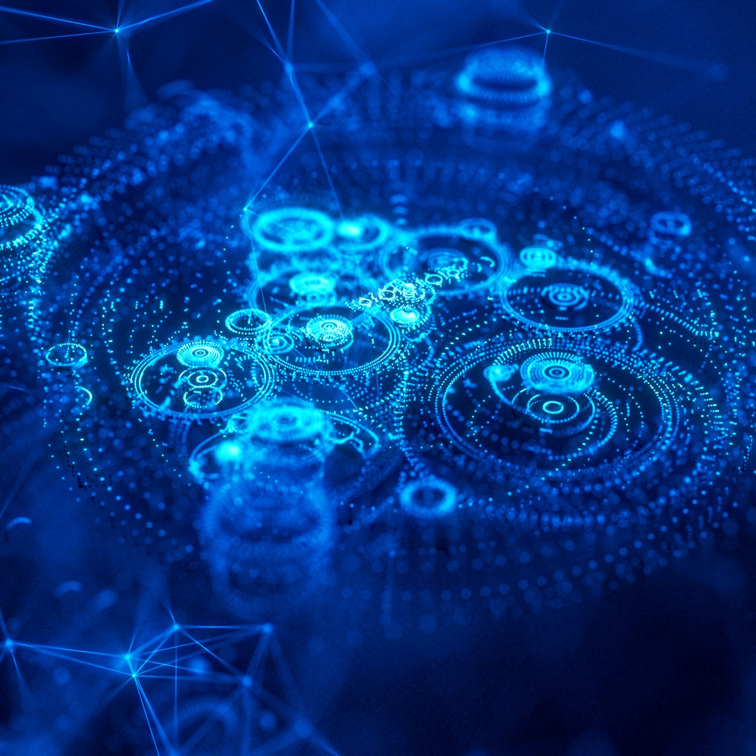 Image of digital light shaped like intricate clockworks.