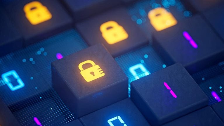 A grid of dark blue cubes with a mix of glowing blue and magenta binary numbers and orange padlock icons.