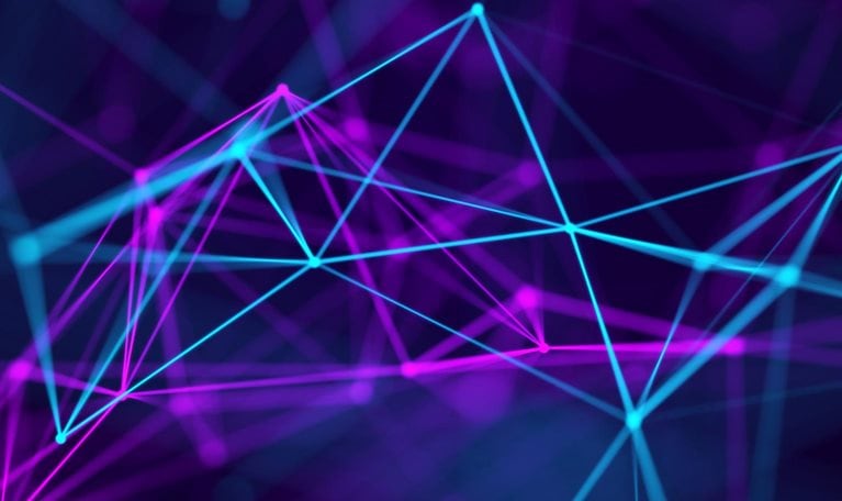 Abstract background with moving dots and lines. Network connection structure. Futuristic illustration. Digital technology design.