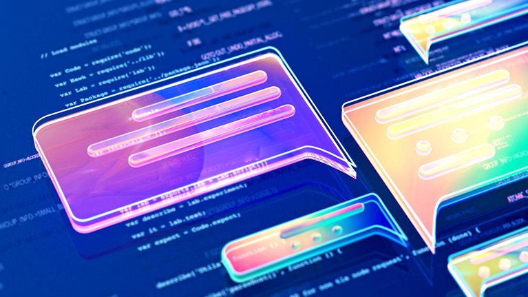 A digitally generated illustration that shows a computer screen with code and chat bubbles.