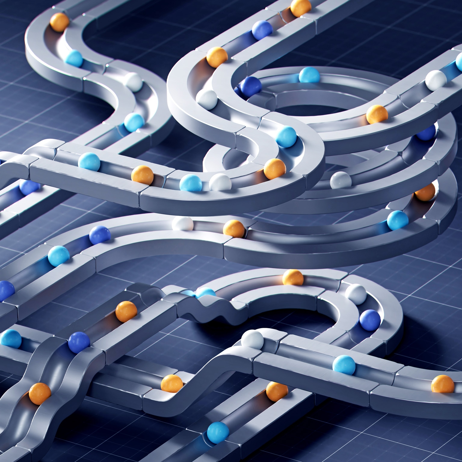 A complex network of smooth, interconnected tracks resembling a futuristic marble run, set against a dark blue grid background. Small spheres in blue, white, and orange are distributed along the winding paths, creating a sense of motion and intricate system design.