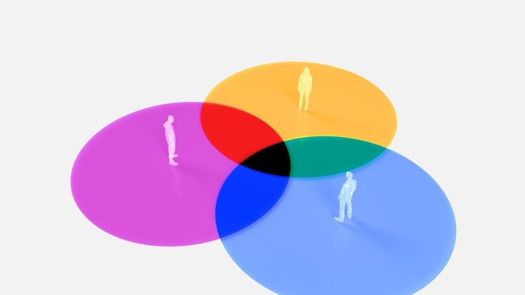 Three translucent circles, each in a different color (purple, yellow, and blue) that bring to mind a venn diagram. Inside each circle stands a small human figure.
