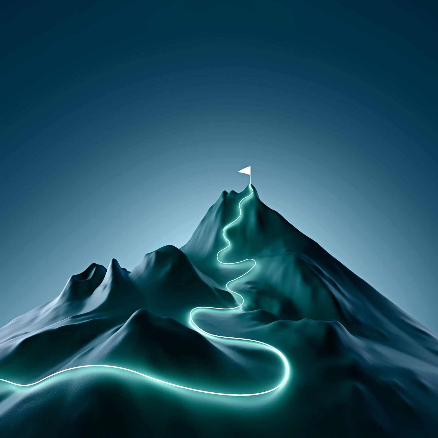 A stylized mountain with a white flag planted at its peak. A winding, glowing path leads to the summit.