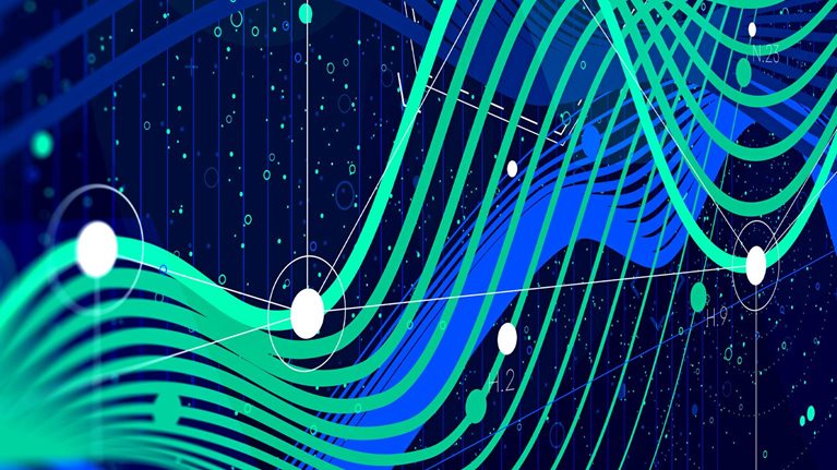 Intersecting, vibrant, fluid lines adorned with data points dispersed throughout. The predominant hues are green and blue, with white dots.