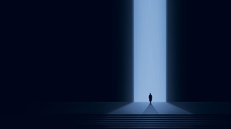 Tonal blue illustration with small silhouetted man in standing in front of extra large glowing portal with gradient lighting