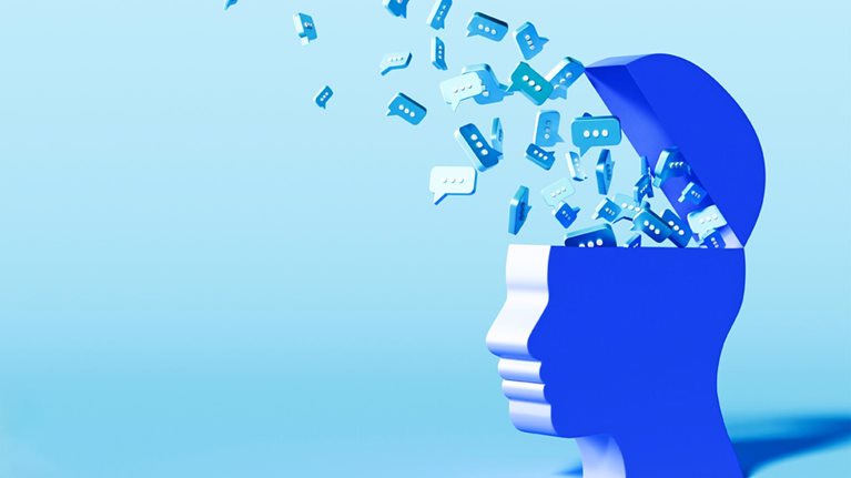 Stylized blue human head with open top, speech bubbles floating out against a light background.
