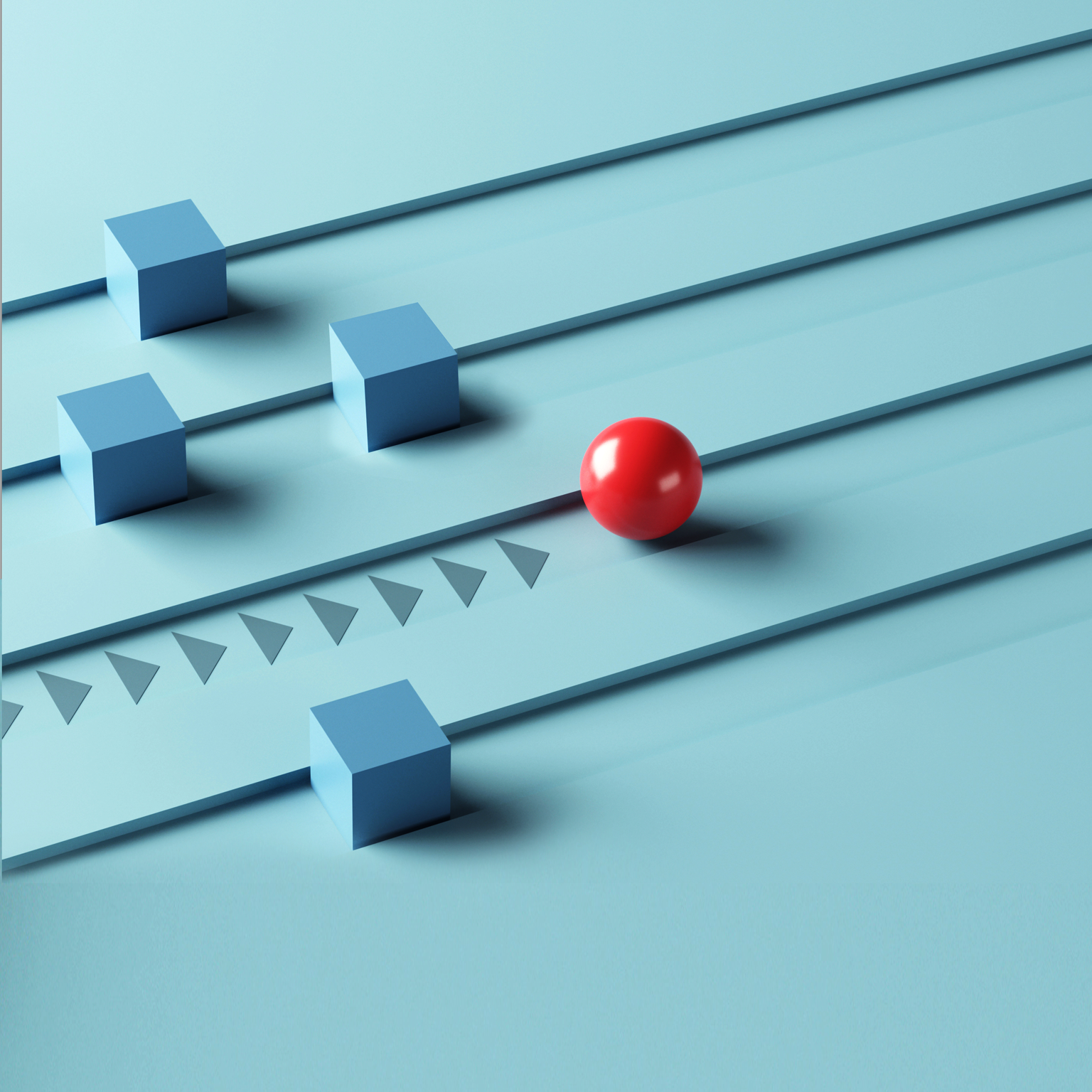 A red sphere is in the lead, followed by several gray squares, each positioned in its own groove.