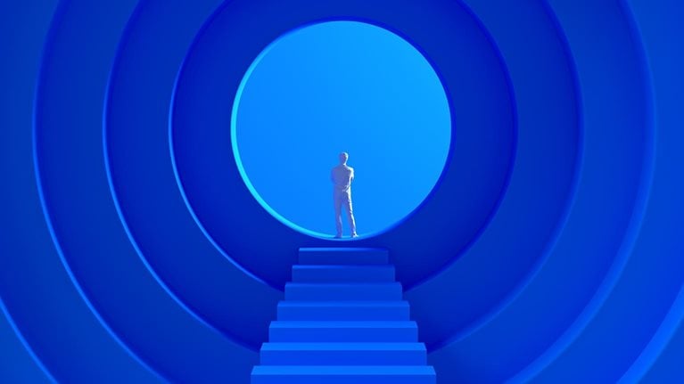 A 3D illustration of a small human figure standing at the top of a long set of stairs