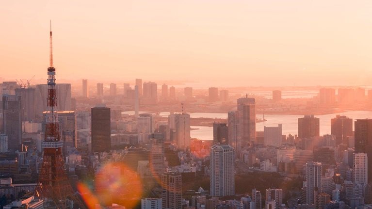 A photo of the Tokyo skyline in the early morning
