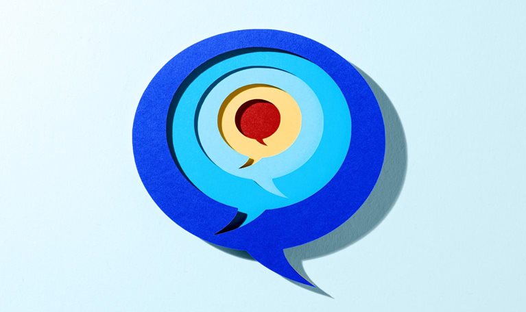 A layered, paper-cut style illustration of overlapping speech bubbles arranged concentrically, with shades of deep blue on the outside and lighter blues toward the center. A yellow and red speech bubble sits at the core, and the entire design casts a soft shadow against a light blue background, creating a subtle three-dimensional effect.