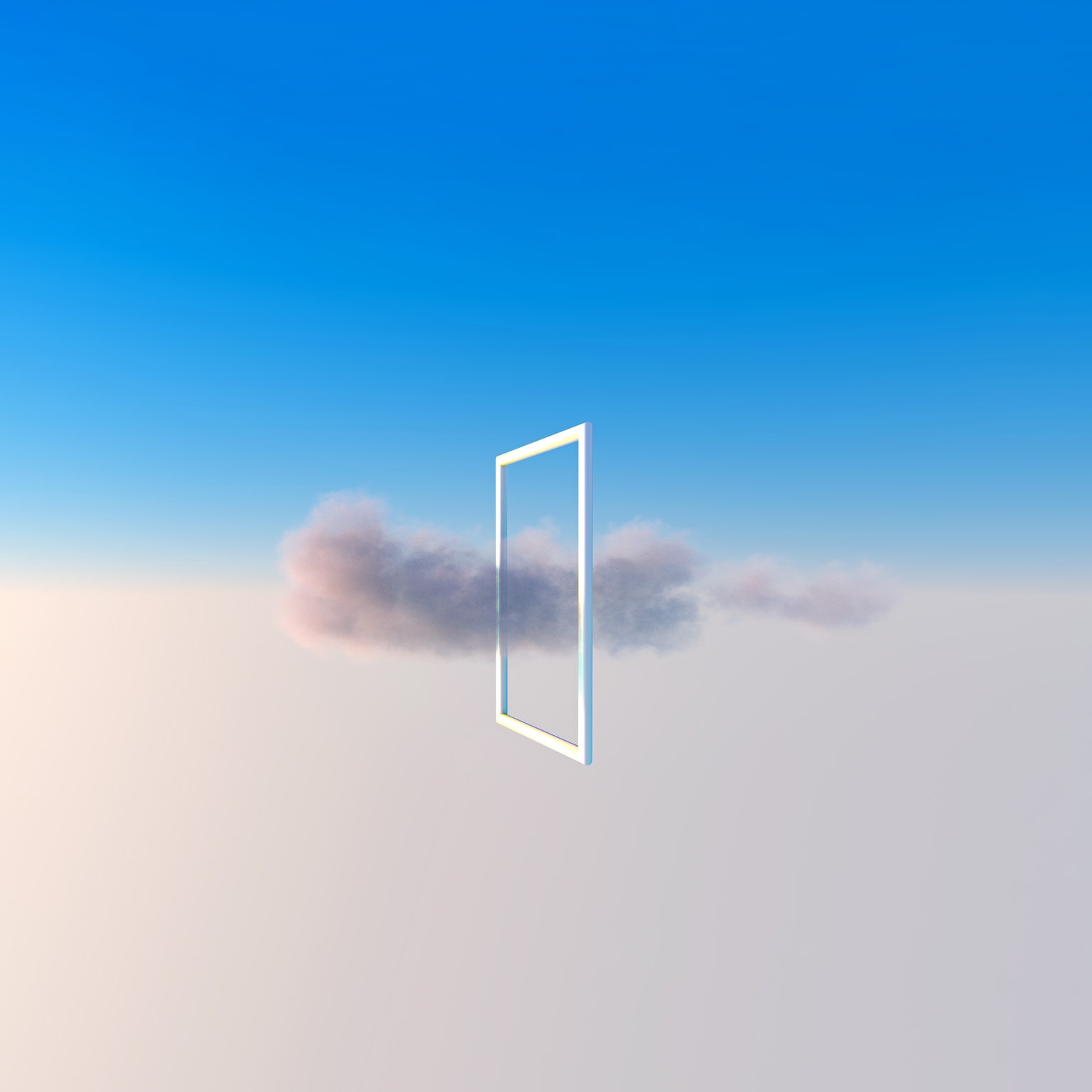 Abstract image of a solitary cloud floating through a square frame, hanging in the sky. It's uncertain whether the cloud is gathering or dispersing.