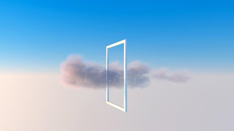 Abstract image of a solitary cloud floating through a square frame, hanging in the sky. It's uncertain whether the cloud is gathering or dispersing.