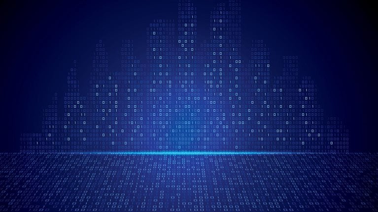 Abstract binary code pattern against a serene blue background, featuring a subtle horizon line.