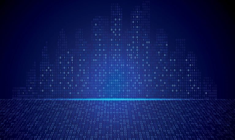 Abstract binary code pattern against a serene blue background, featuring a subtle horizon line.