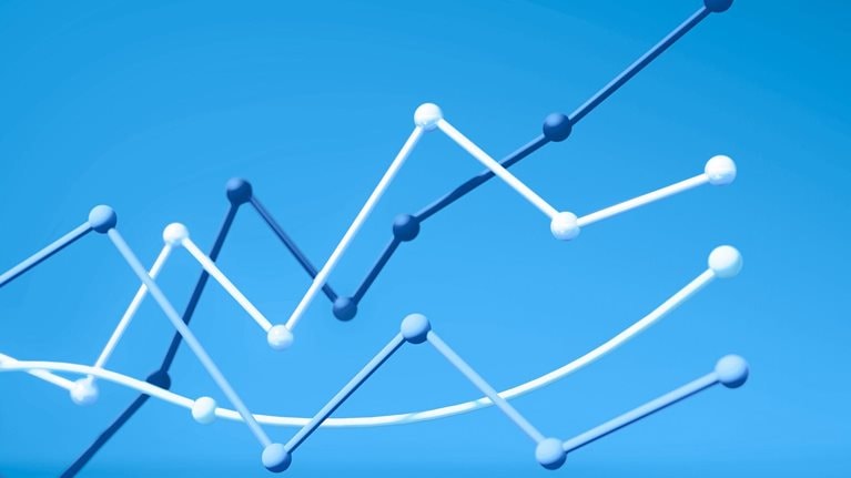 3D illustration of various line graphs moving up and down but ending on an upward trajectory