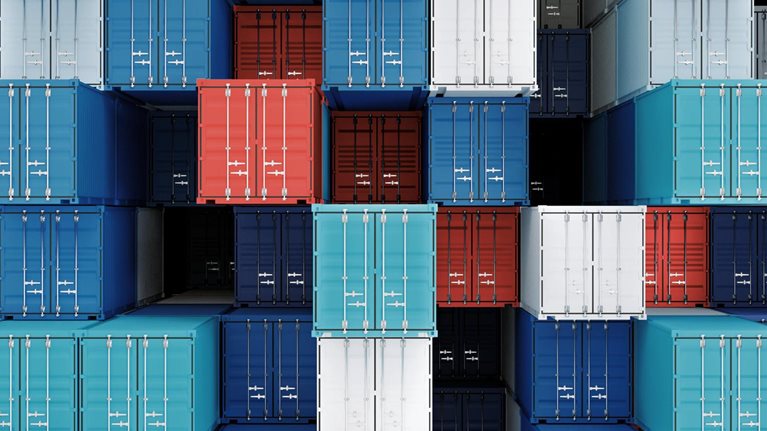 Container box in warehouse in shipping port