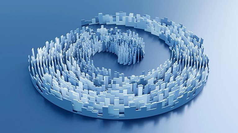 Abstract image of bar charts morphing into a spiraling cityscape.