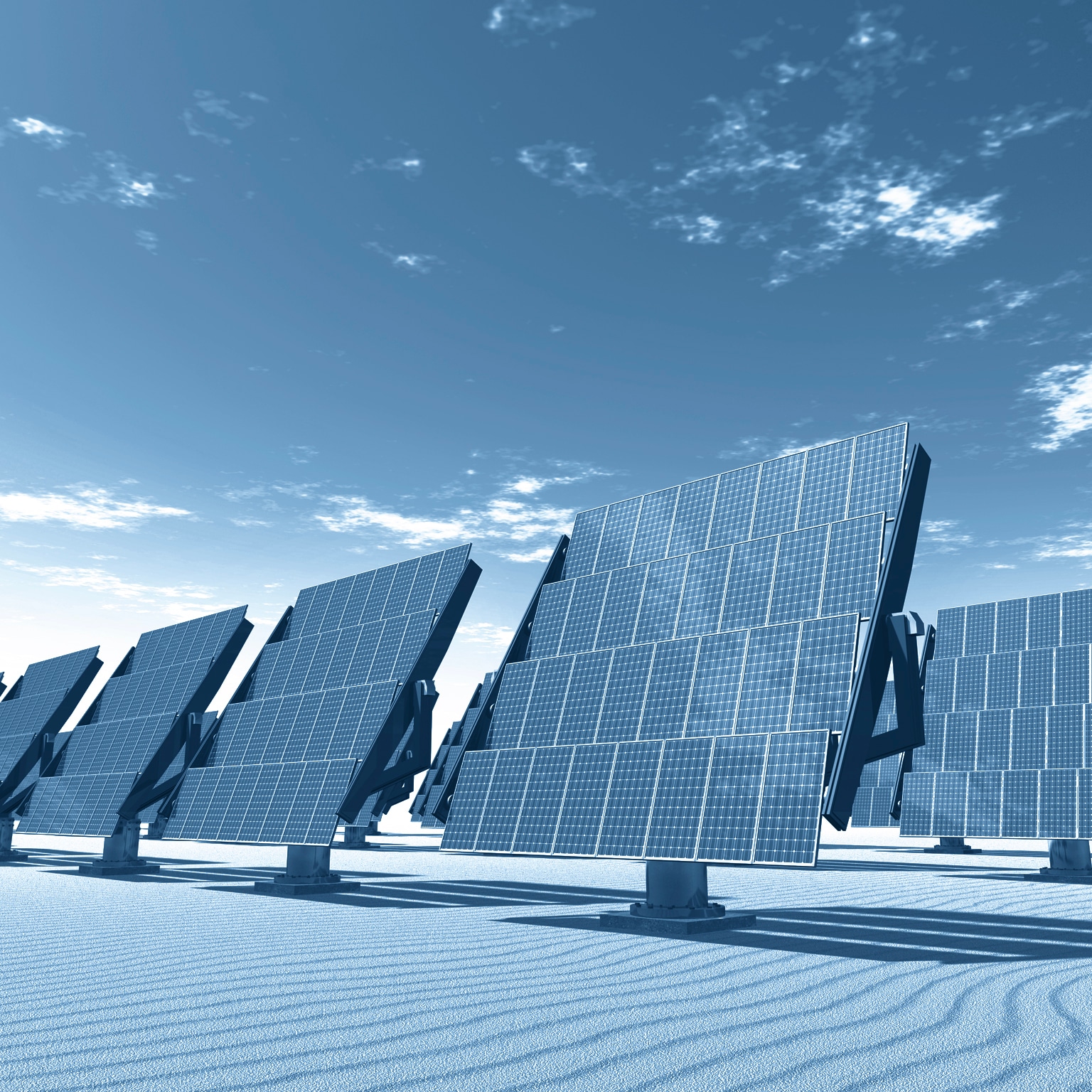 Tracking solar panels in the desert.