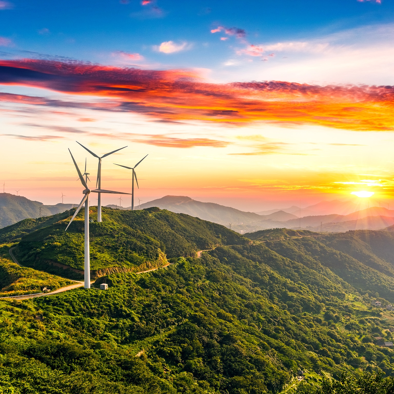 Huge wind turbines were erected on the top of the mountain.