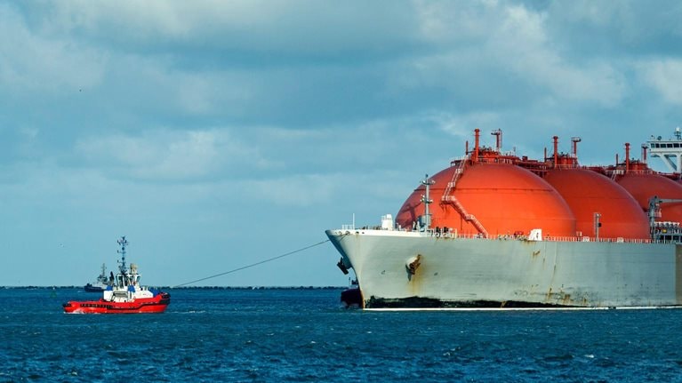 Liquid natural gas tanker entering Rotterdam harbour