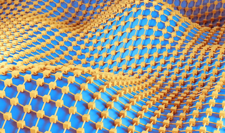An abstract landscape of blue rolling waves is covered by a flexible orange grid of interconnected squares