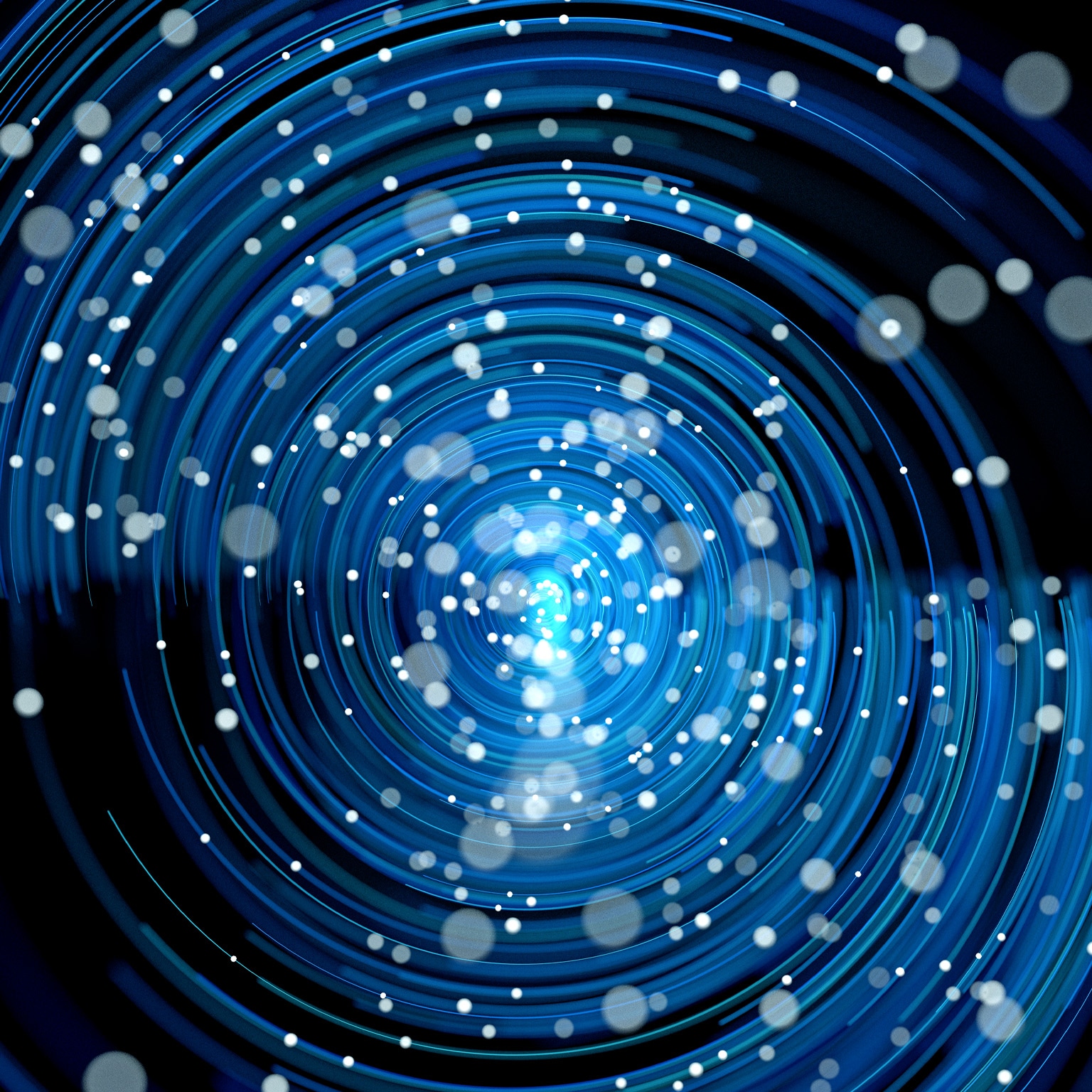 A dynamic, abstract pattern of glowing blue concentric rings spiraling toward a bright center. Small white dots are scattered throughout, resembling particles or stars moving through a vortex-like field.