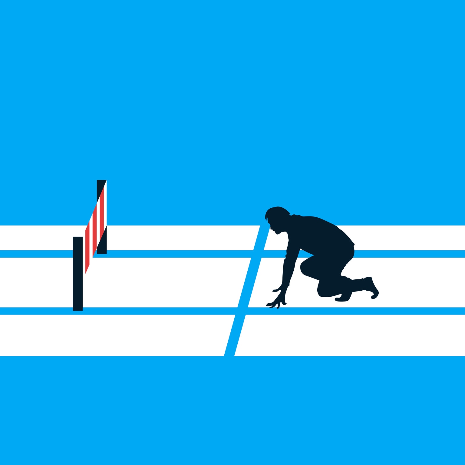  An isometric illustration of a runner in a starting position next to a series of hurdles. 