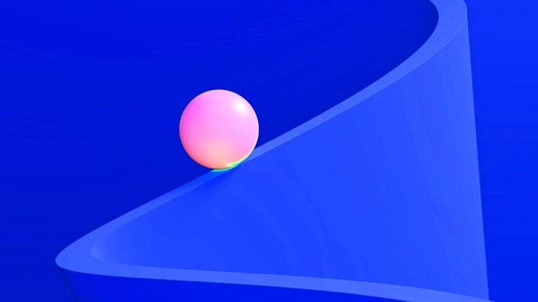 A bright pink ball sits on a twisting, dark blue trail. The trail is slim and undulating, contrasting against a solid blue background.