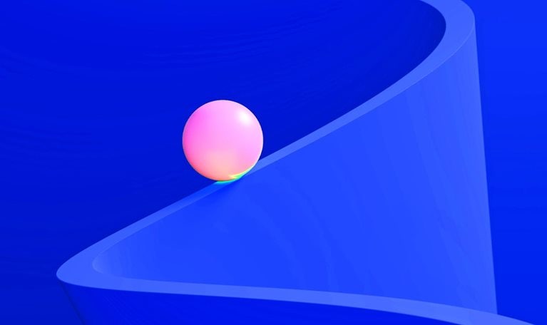 A bright pink ball sits on a twisting, dark blue trail. The trail is slim and undulating, contrasting against a solid blue background.