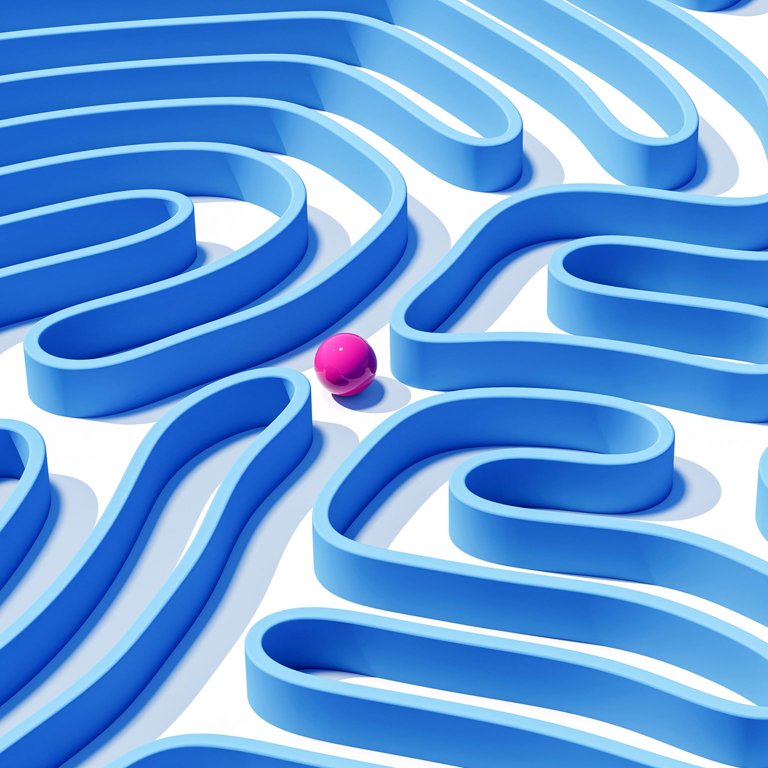 A 3D rendering of a single ball navigating abstract and curve lines