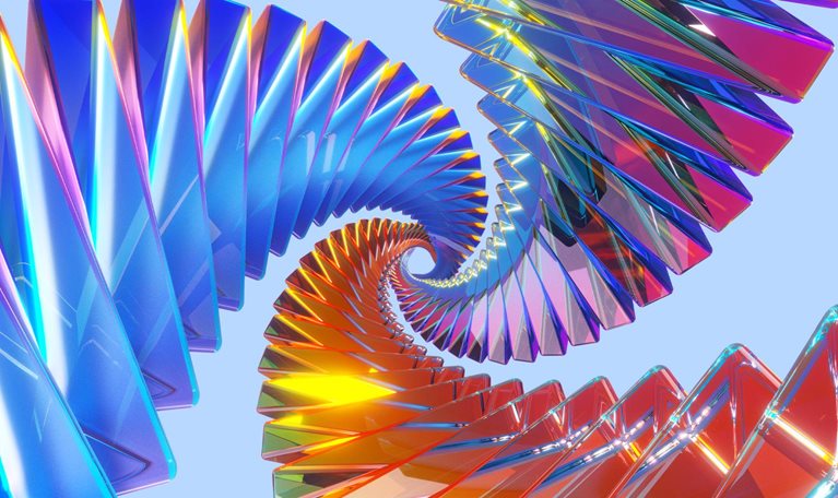 Three sets of iridescent, colorful, glasslike panels, arranged in a concentric spiral, swilling together to form a singular point.