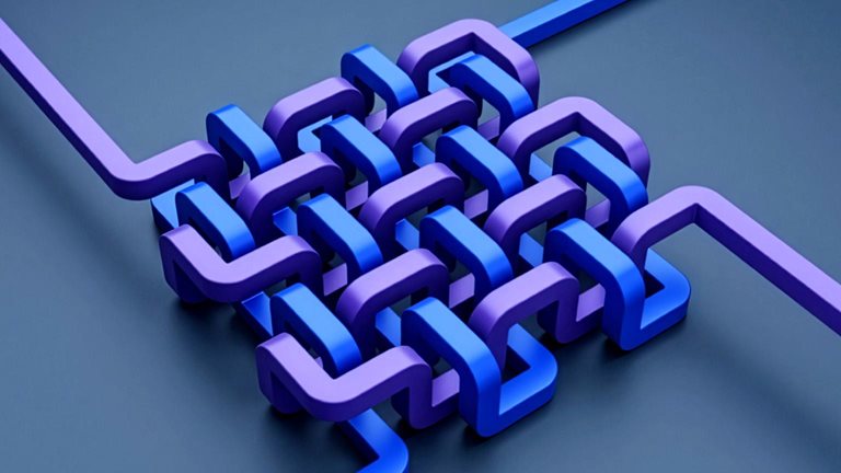 Abstract interwoven blue and purple links forming a connected pattern.