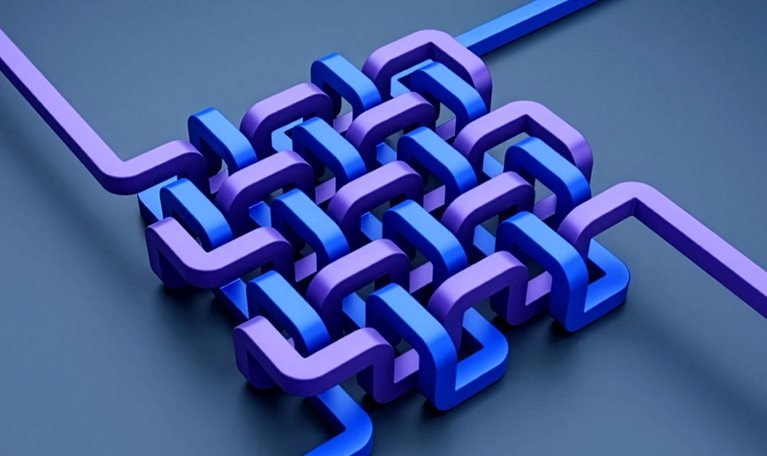 Abstract interwoven blue and purple links forming a connected pattern.