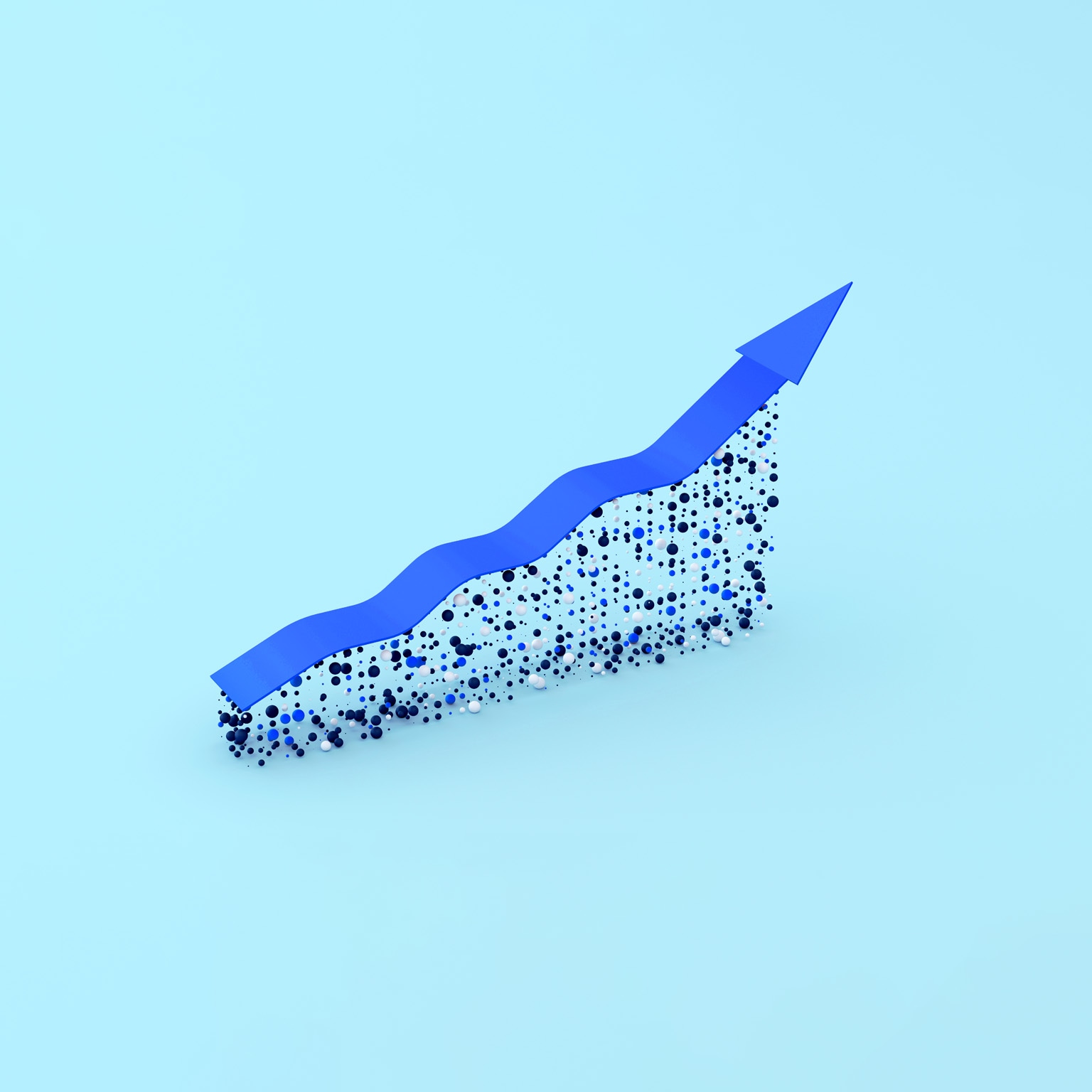 A blue arrow trending upwards symbolizes growth. The arrow appears to be constructed on a foundation of small blue, black, and white spheres, creating a dynamic and textured effect.