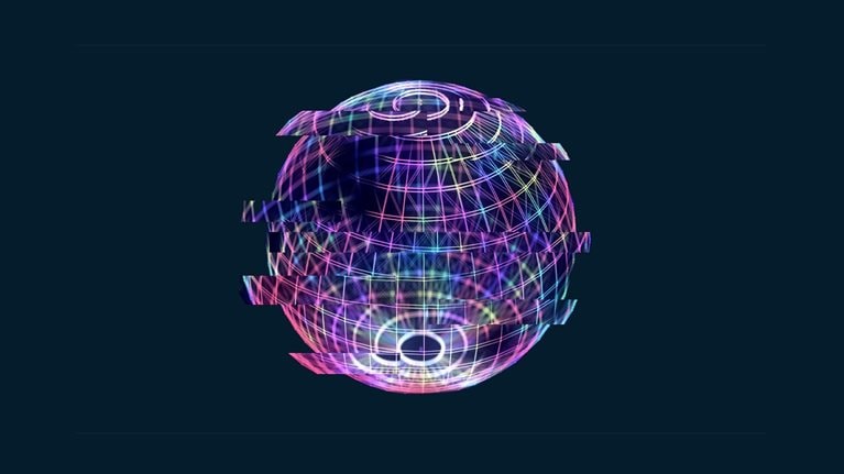 A colorful sphere made of a pattern reminiscent of longitude and latitude lines set on a dark blue background. The sphere has sections breaking out, disrupting the continuity of the connected lines.