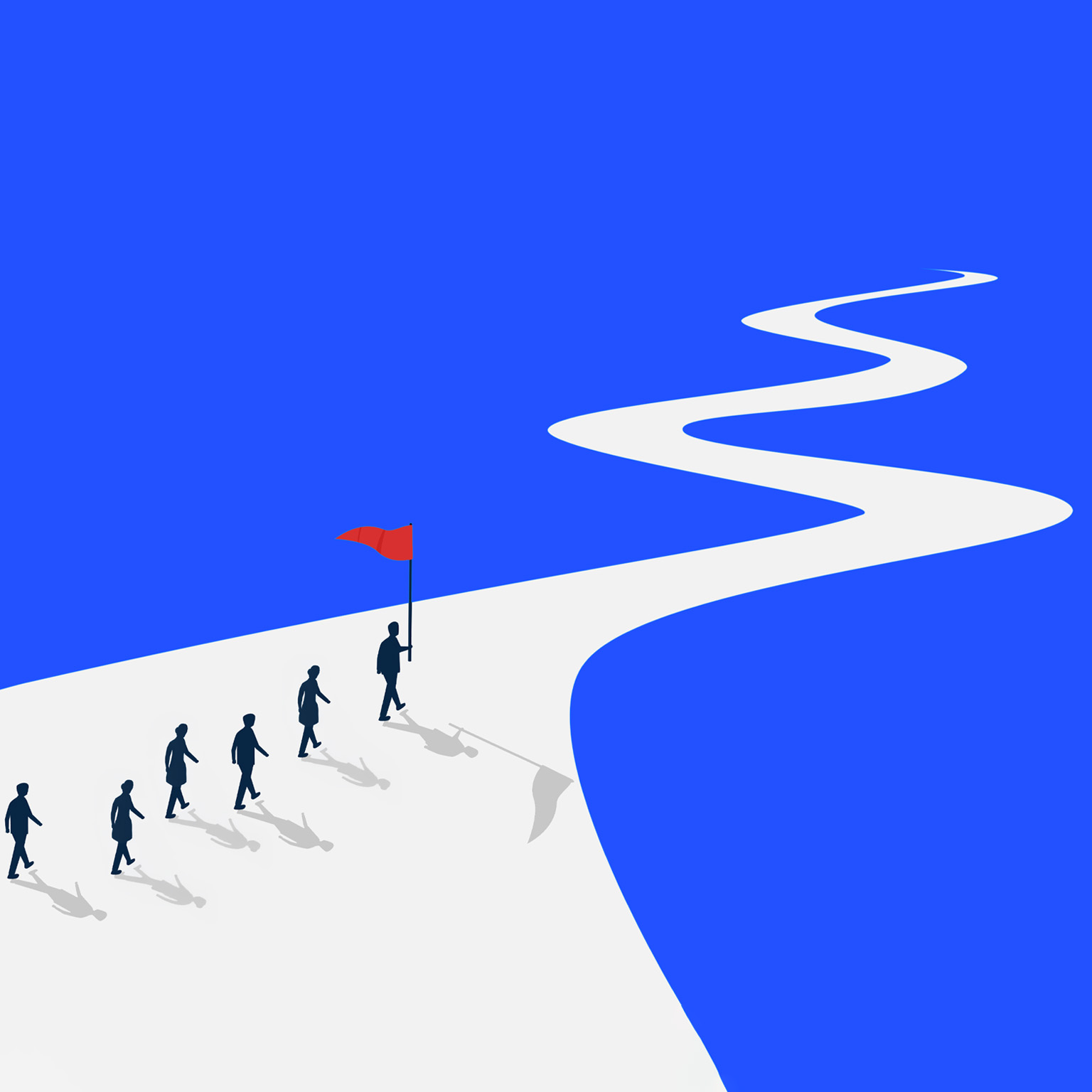 An illustration of six silhouetted people walking along a wide white winding path on a bright blue background, with the person in front carrying a red flag.