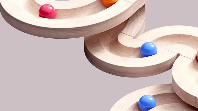 3D image of rolling spheres along a path. Creativity, learning, collaboration and teamwork concept.